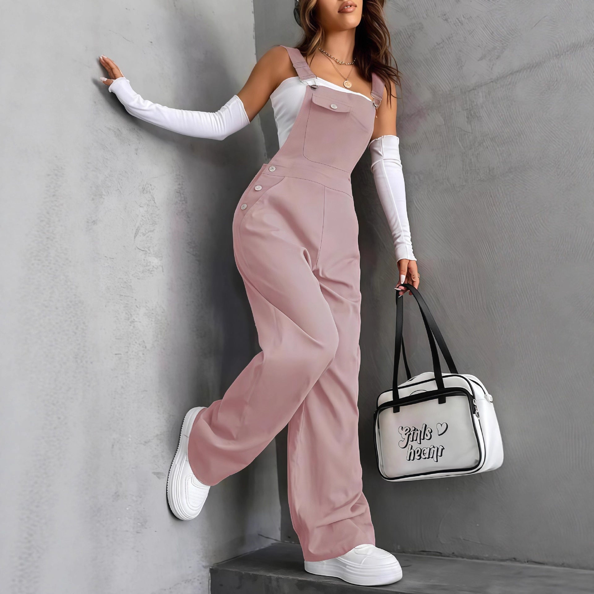 Retro Pocket Solid-Color Straight-Leg Workwear Suspender Jumpsuit