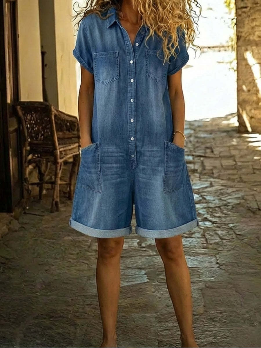Washed Denim Short-Sleeve Pocket Jumpsuit