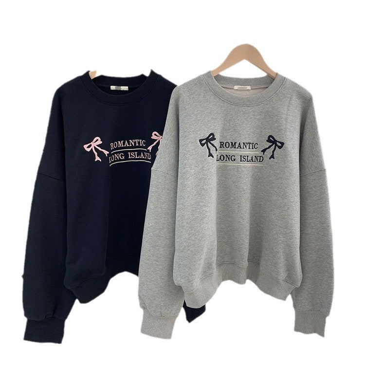 Retro Bowknot Embroidered Oversized Terry Sweater