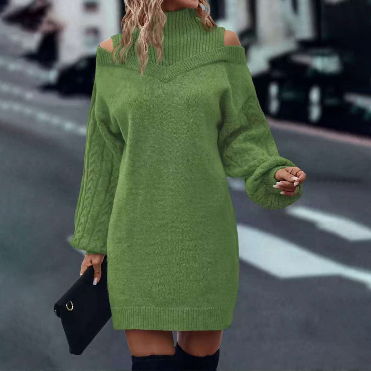 Off-shoulder Womens Pullover Mock Turtleneck Puff-sleeve Knit Sweat…
