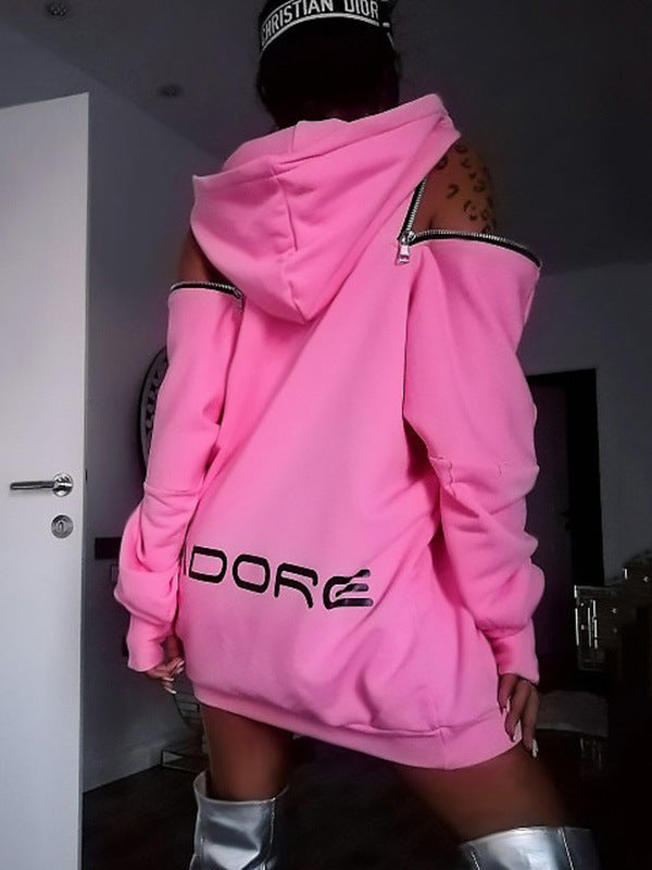 Chic Off-The-Shoulder Letter Print Loose Hoodie