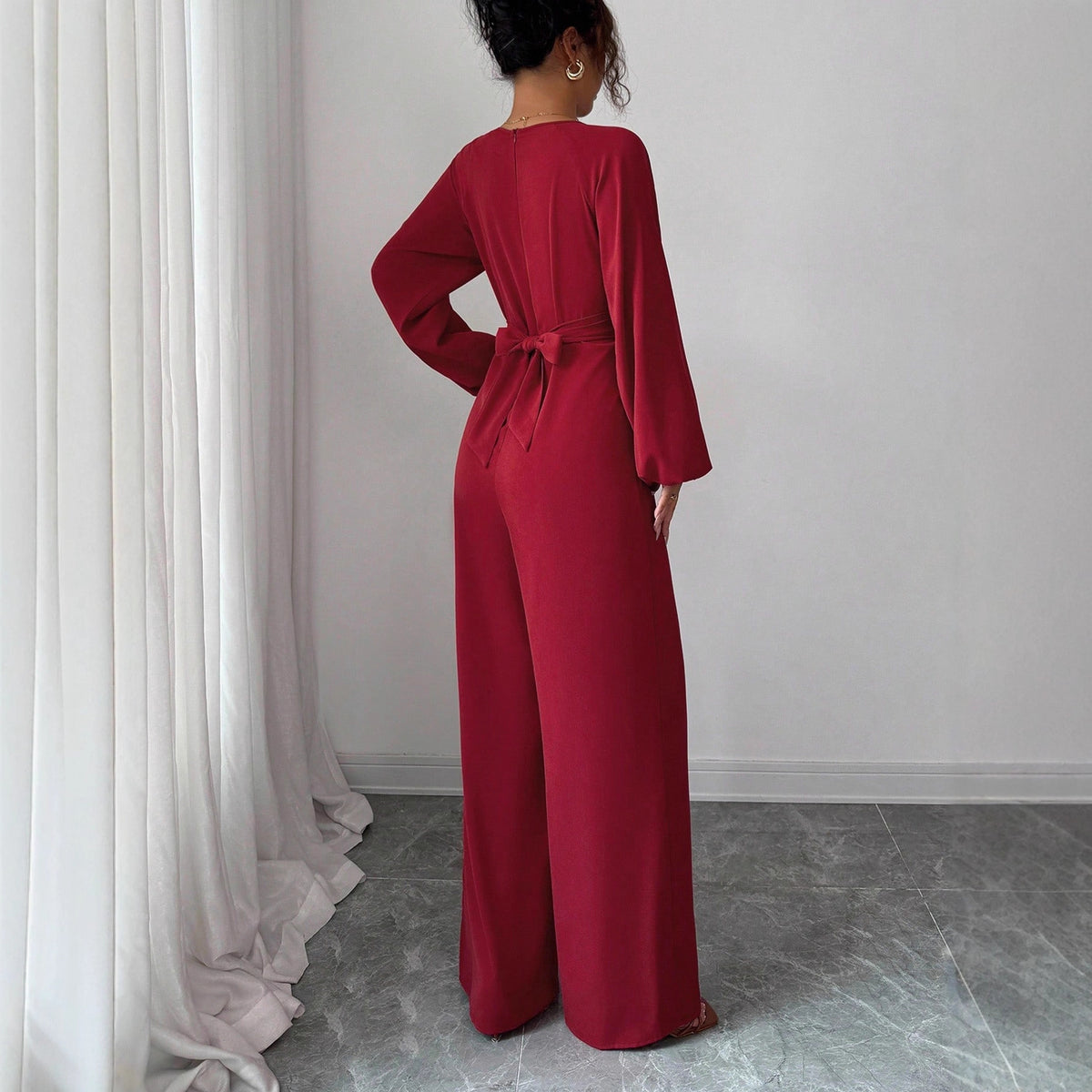 Elegant Square Neck Wide-Leg Jumpsuit with Puffed Sleeves