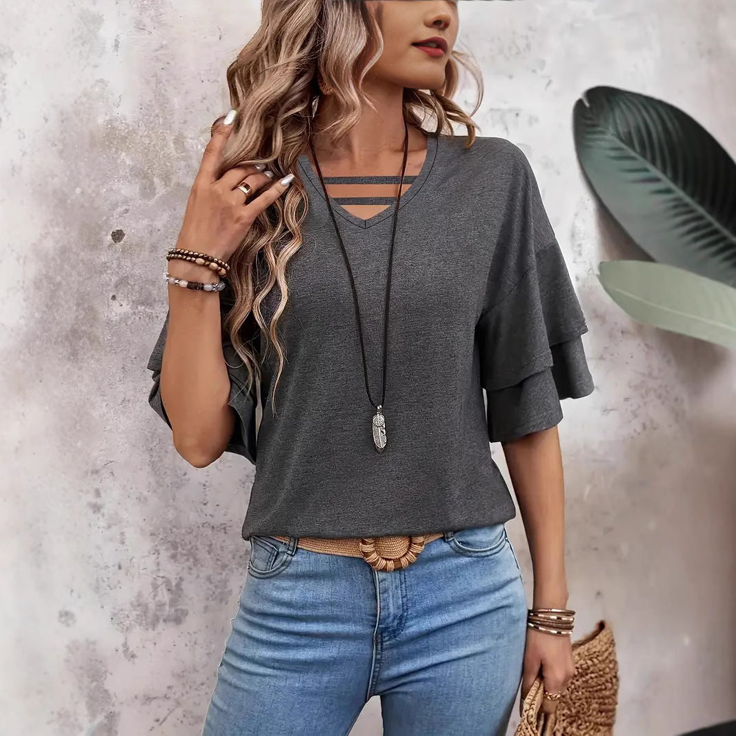 Women's V-Neck Flounce Casual T-Shirt