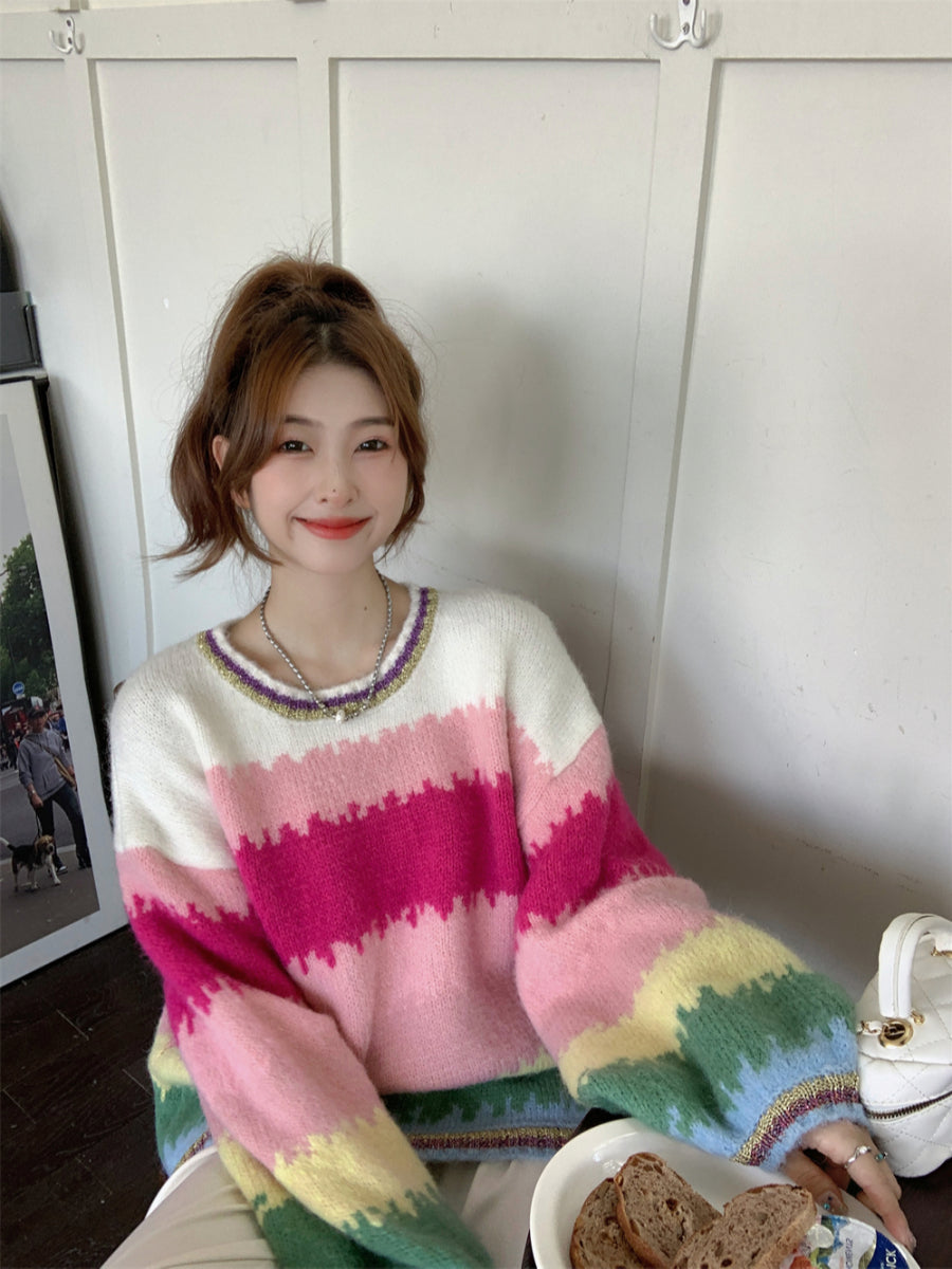 Rainbow Stripe Oversized Pullover Sweater for Women