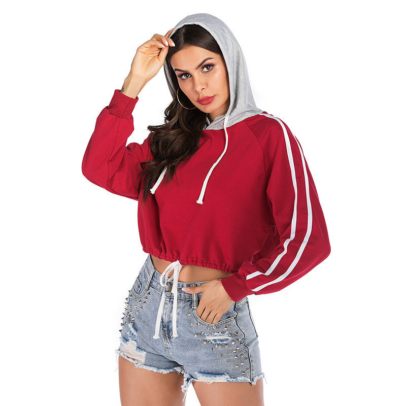 Striped Drawstring Cropped Hoodie for Women