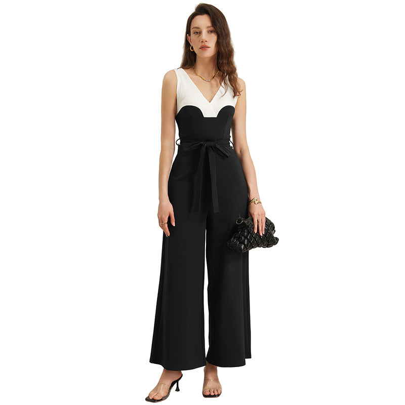 Chic Black & White Contrast Waist-Cinching Wide-Leg Jumpsuit