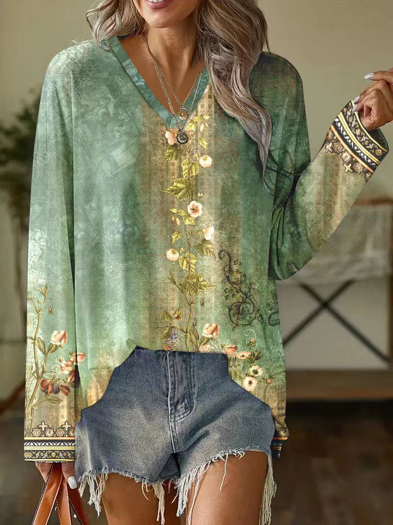 Floral Print V-Neck Long Sleeve Loose Casual Sweater