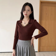 Rhinestone-Embellished Turn-Down Collar Long Sleeve Tee – Slim Fit