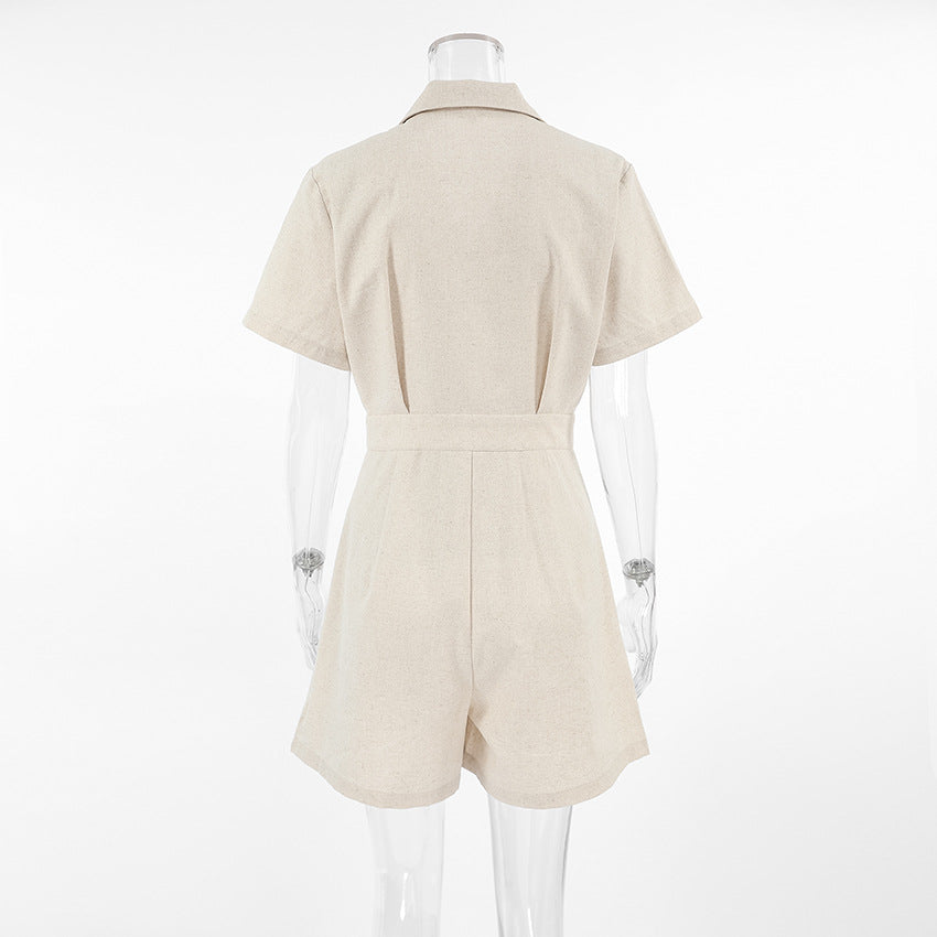 French Cotton Linen High-Waist Casual Jumpsuit