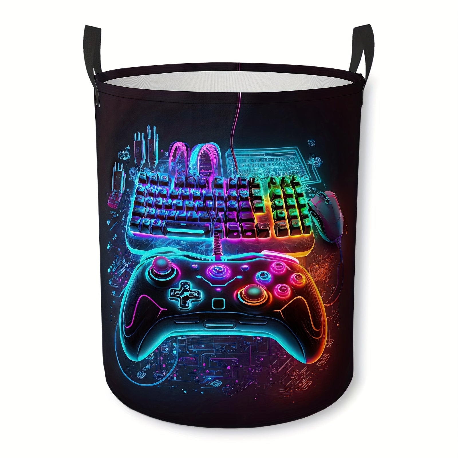 Neon Glow‑in‑the‑Dark Gaming‑Themed Storage Basket, Large Round Foldable Laundry Organizer with Sturdy Handle