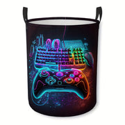 Neon Glow‑in‑the‑Dark Gaming‑Themed Storage Basket, Large Round Foldable Laundry Organizer with Sturdy Handle