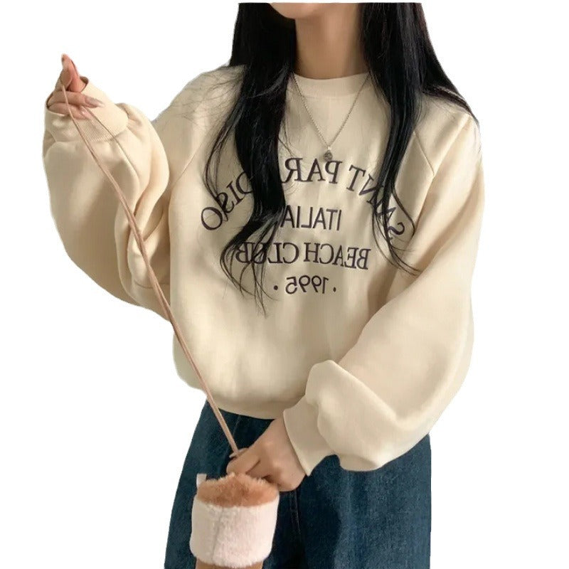 Embroidered Velvet Thick Round Neck Sweater for Women
