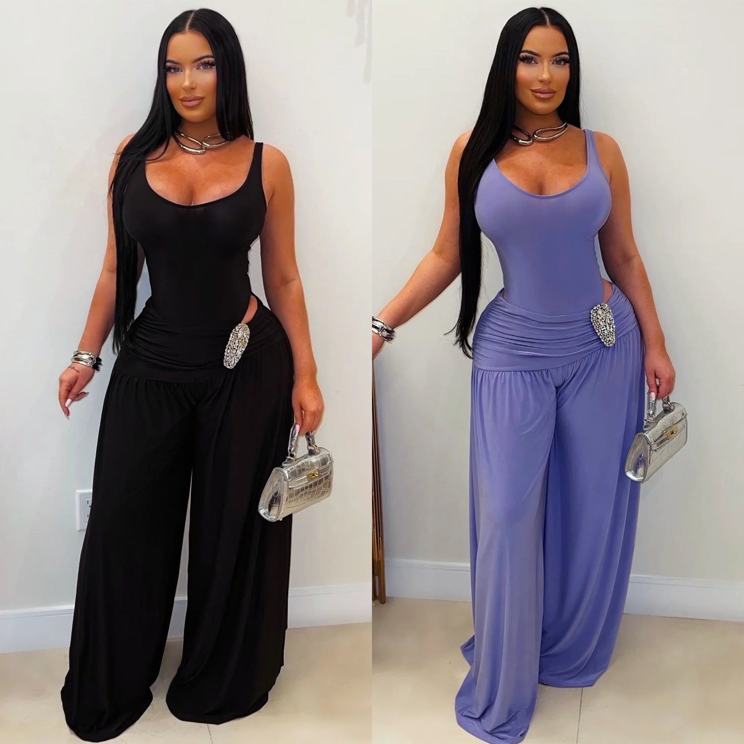 Women's Solid U-Neck High-Waist Wide-Leg Jumpsuit