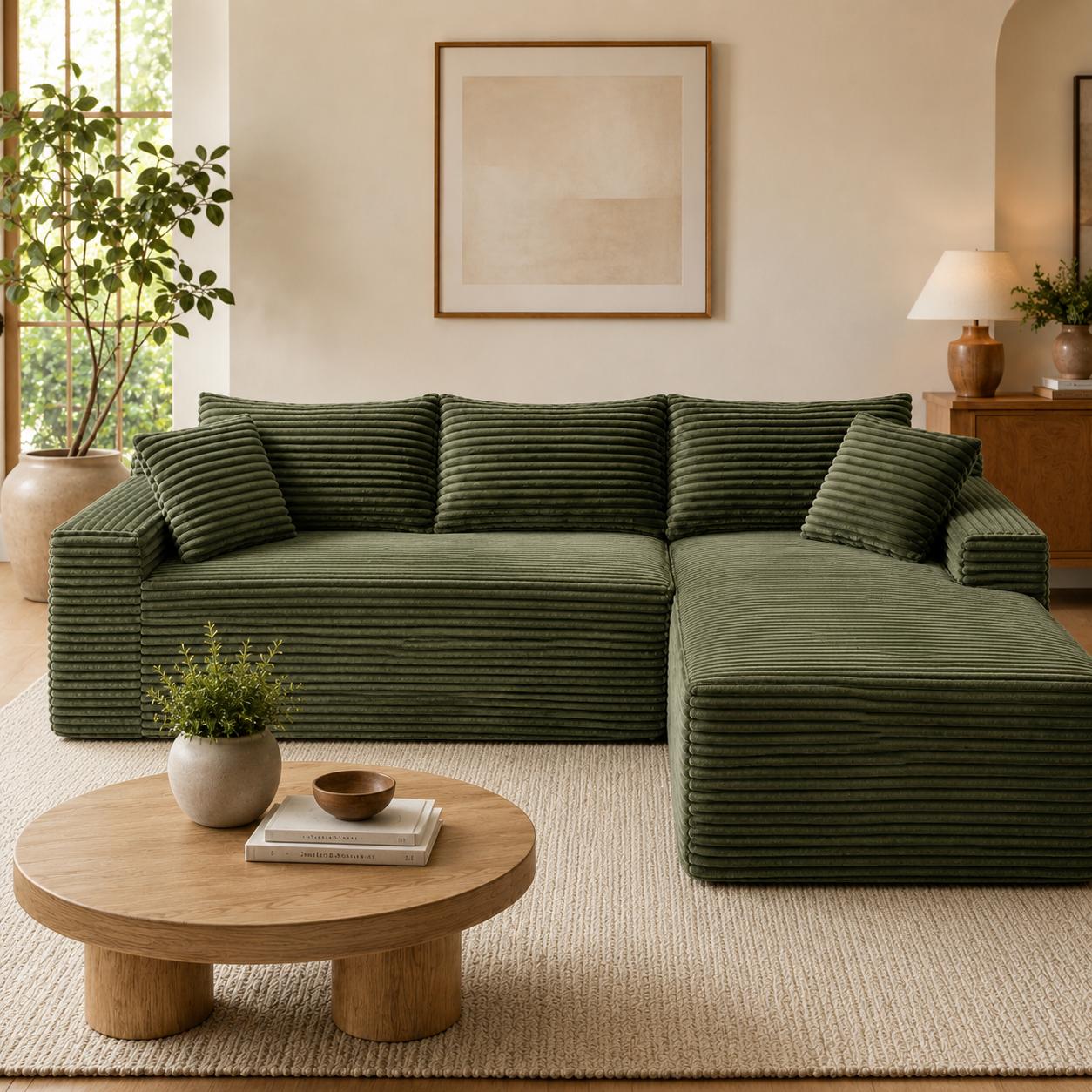 Left chaise L-shaped sectional sofa with memory foam cushions and corduroy upholstery