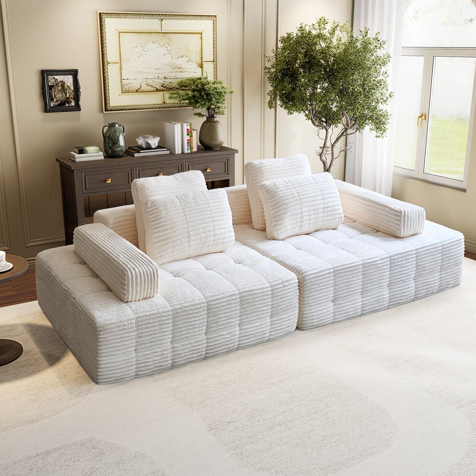 Modular L-shaped chaise longue sofa bed with deep seat and corduroy upholstery