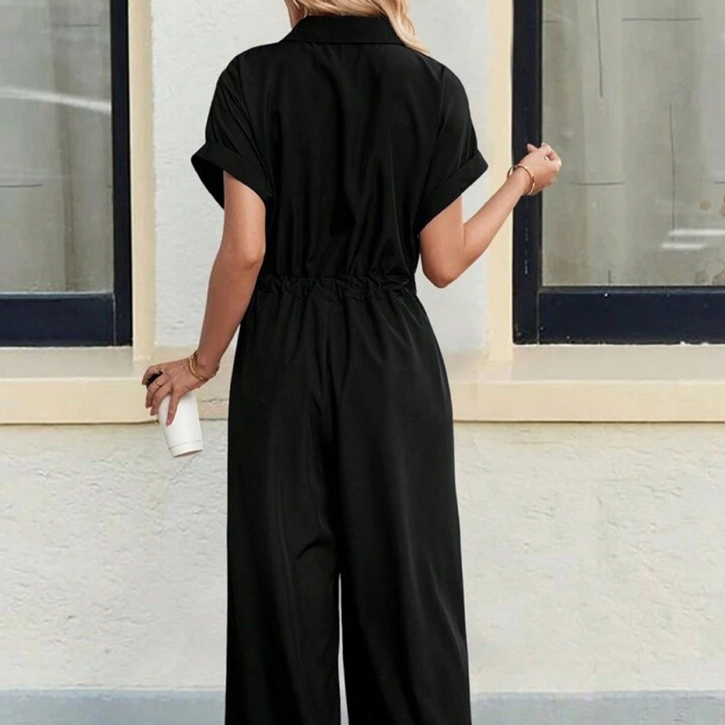 Women's Casual Polo Collar Wide-Leg Lace-Up Jumpsuit