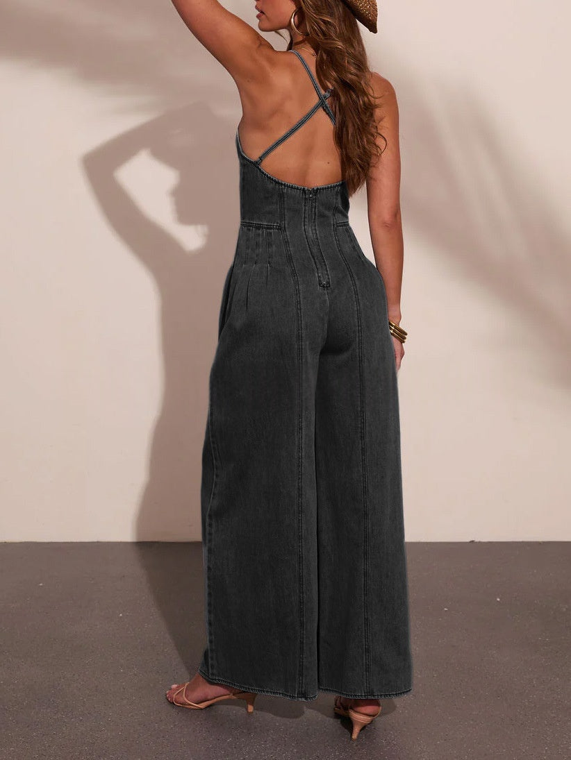 Women's High-Stretch Denim Wide-Leg Jumpsuit