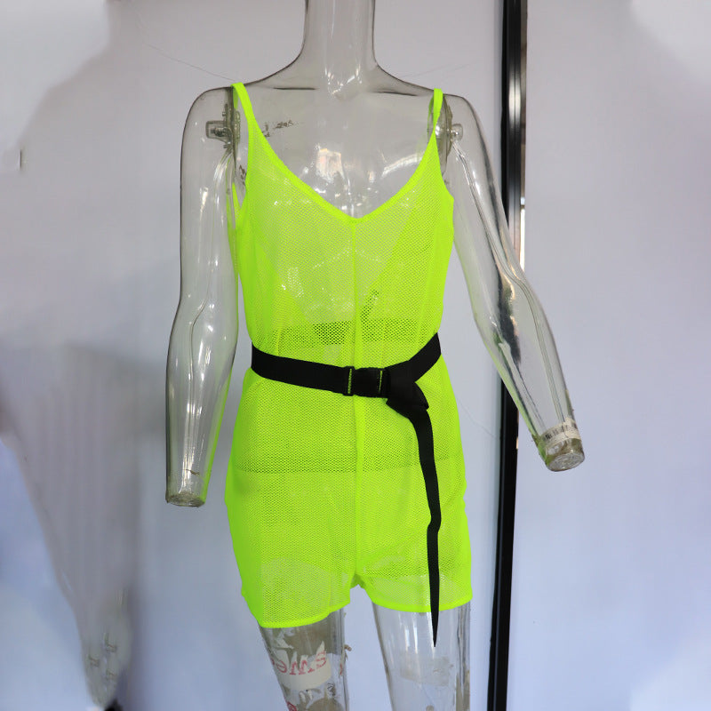 Neon Green Mesh Sleeveless Tight Jumpsuit