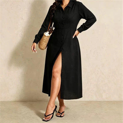 Lapel Long-sleeve Shirt Dress with Front-button Placket and Slit