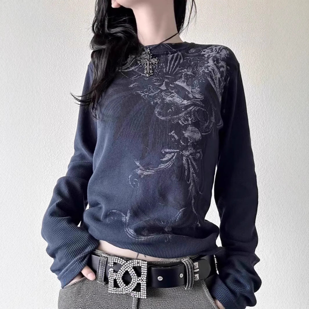 Dark Gothic Print Long Sleeve Round Neck Top