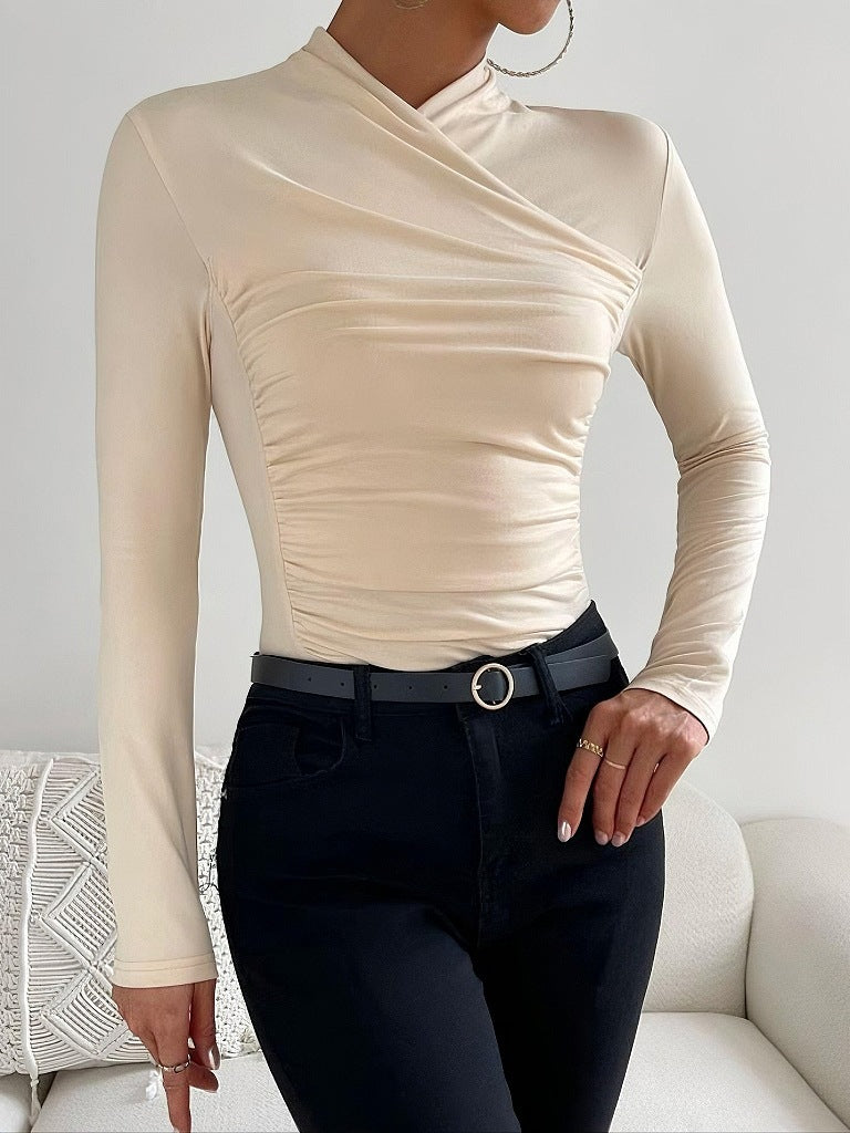 Cross Collar Pleated Slim Long Sleeve Top
