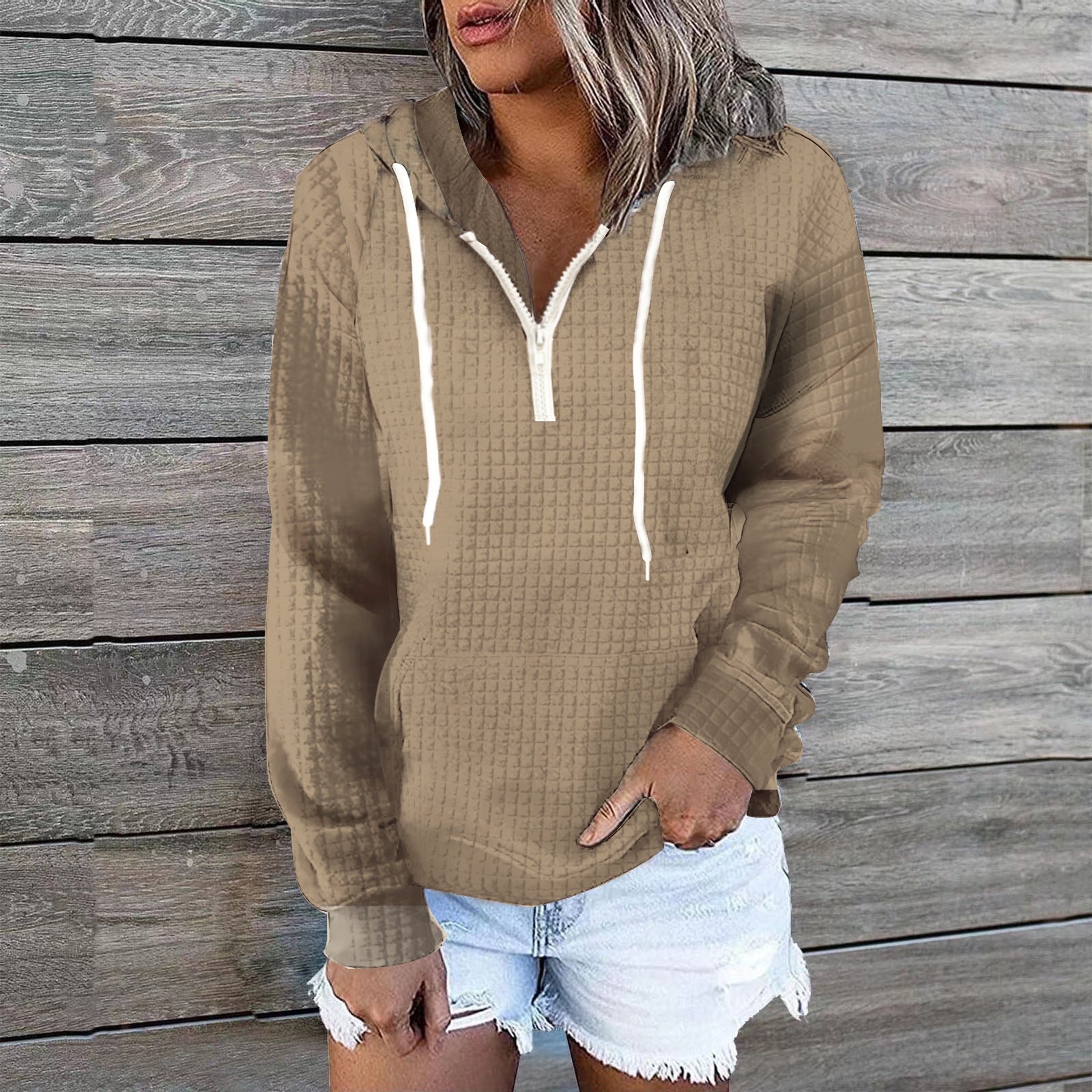 Women's Cozy Waffle Knit Hoodie Casual Sweatshirt Coat