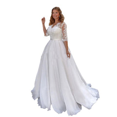 Plus-Size Lace V-Neck Wedding Dress with 3/4 Sleeves