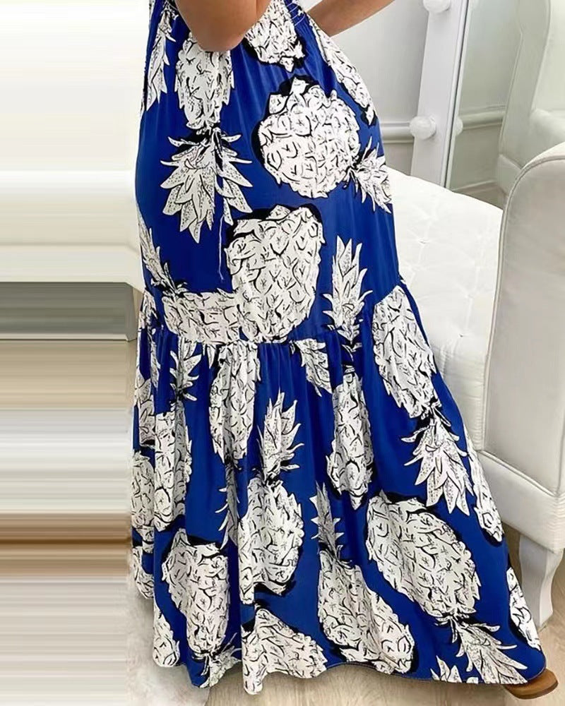 Bohemian Pineapple Print Spaghetti Strap Maxi Dress, Deep V Neck Tie Front Ruched Waist Flowy Long Dress for Beach Vacation Summer Dress for Women