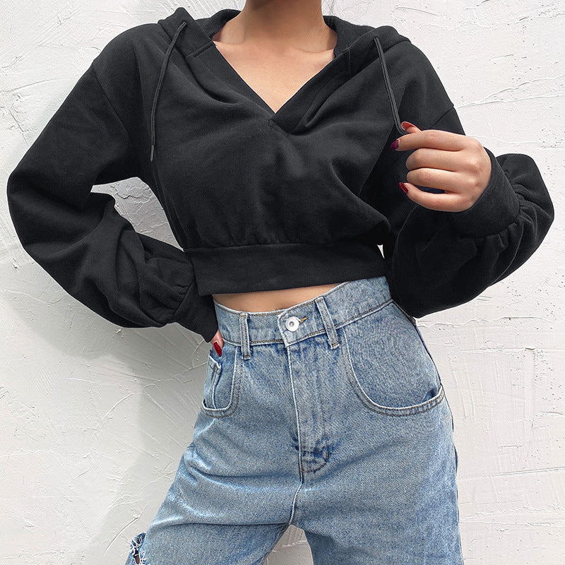 Solid Color Waist Tight Loose V-neck Hooded Jacket