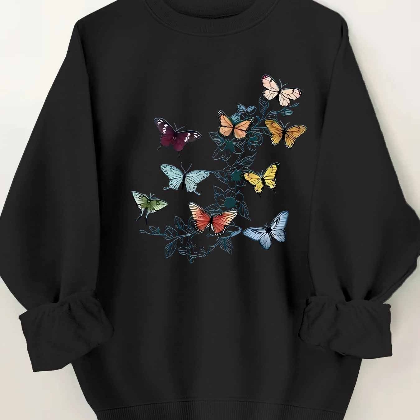 Women's Plus Size Butterfly Print Round Neck Sweatshirt – Size S