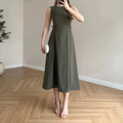 Womens Minimalist Round-neck Sleeveless Waist-cinching Maxi Dress