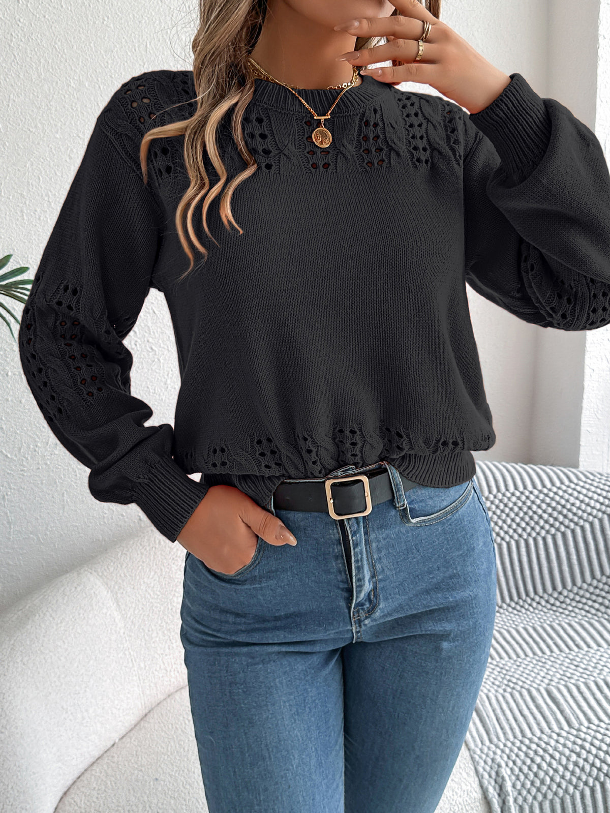 Women Casual Solid Color Hollow Out Lantern Sleeve Pullover Sweater
