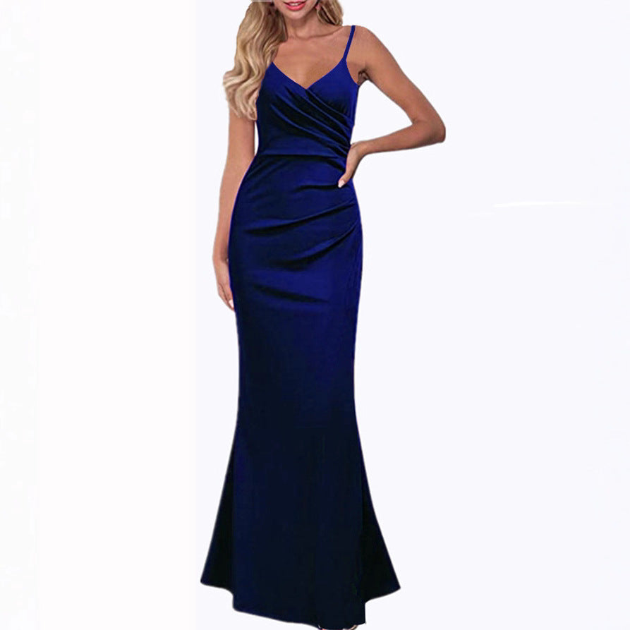Elegant Solid Color Slim-Fit Suspender Long Swing Dress