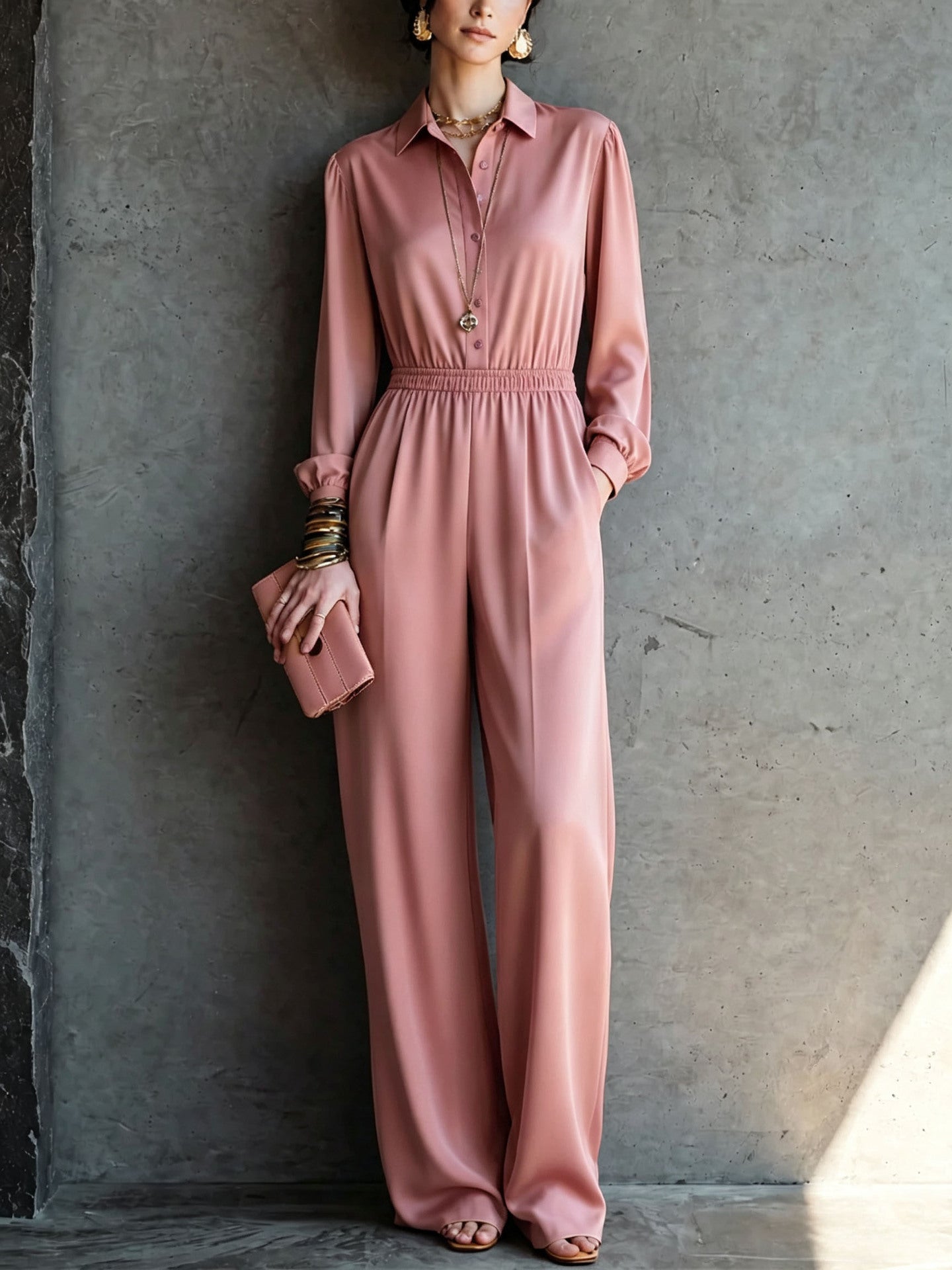 Casual Solid Color Pocket Long Sleeve Jumpsuit