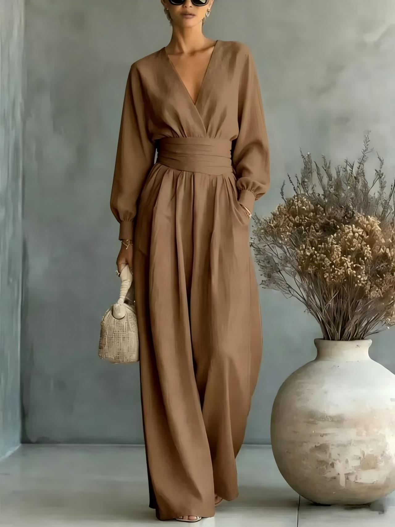 Fitted-waist V-neck Long-sleeve Womens Solid-color Jumpsuit