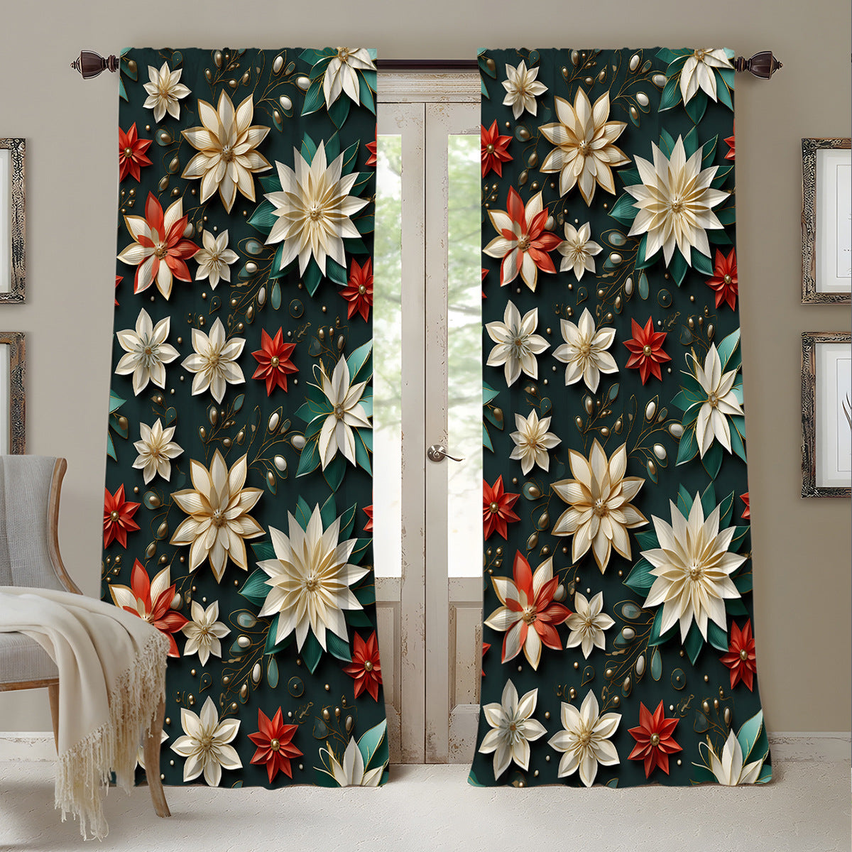 2pcs Christmas Curtain 3d Digital Printing Flower Type
