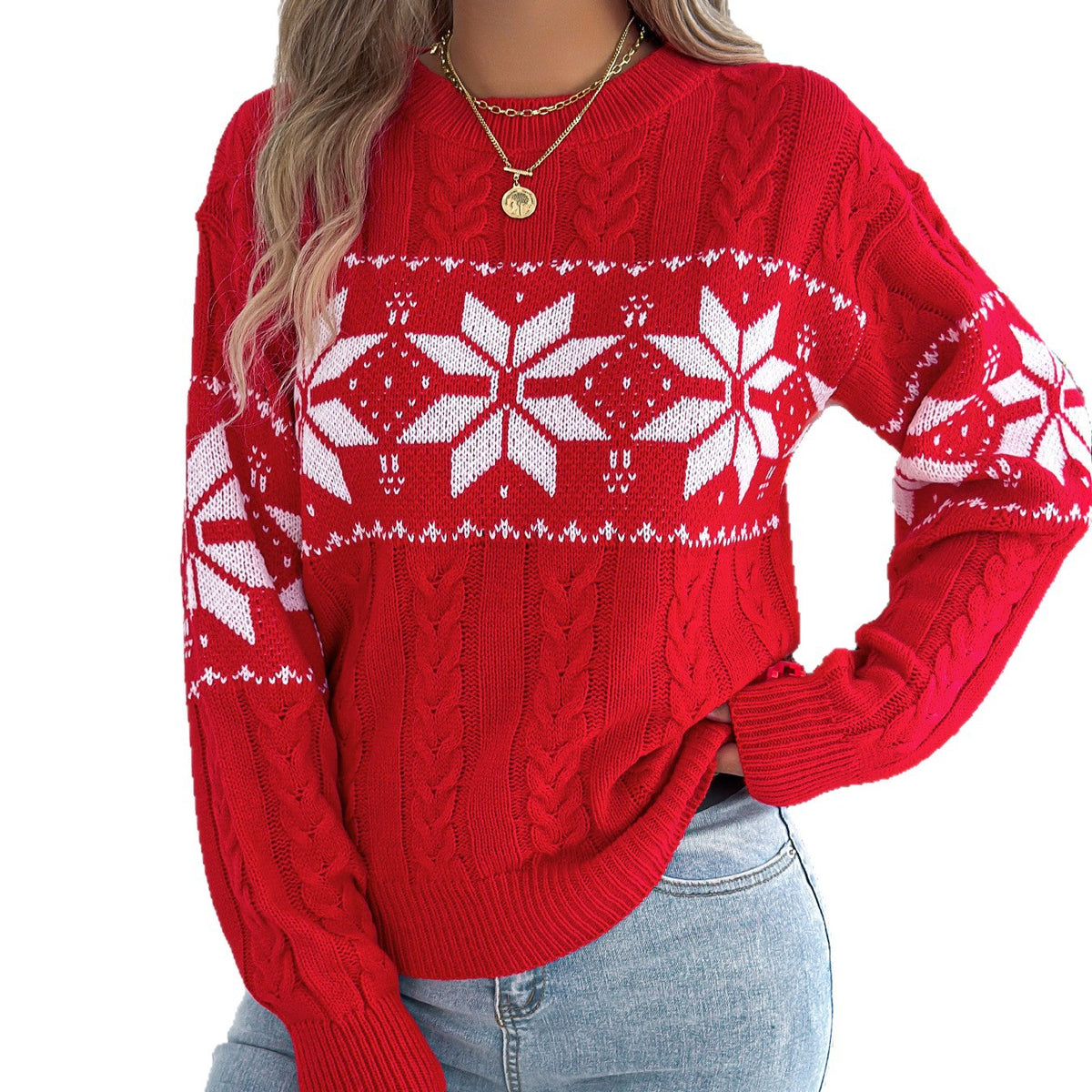 European and American Snowflake Pattern Lantern Long Sleeve Pullover Sweater