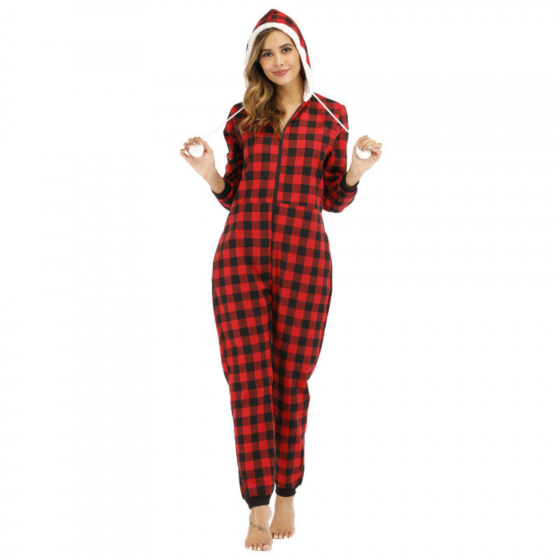 Women's Plaid Hooded Cotton Jumpsuit Casual Romper