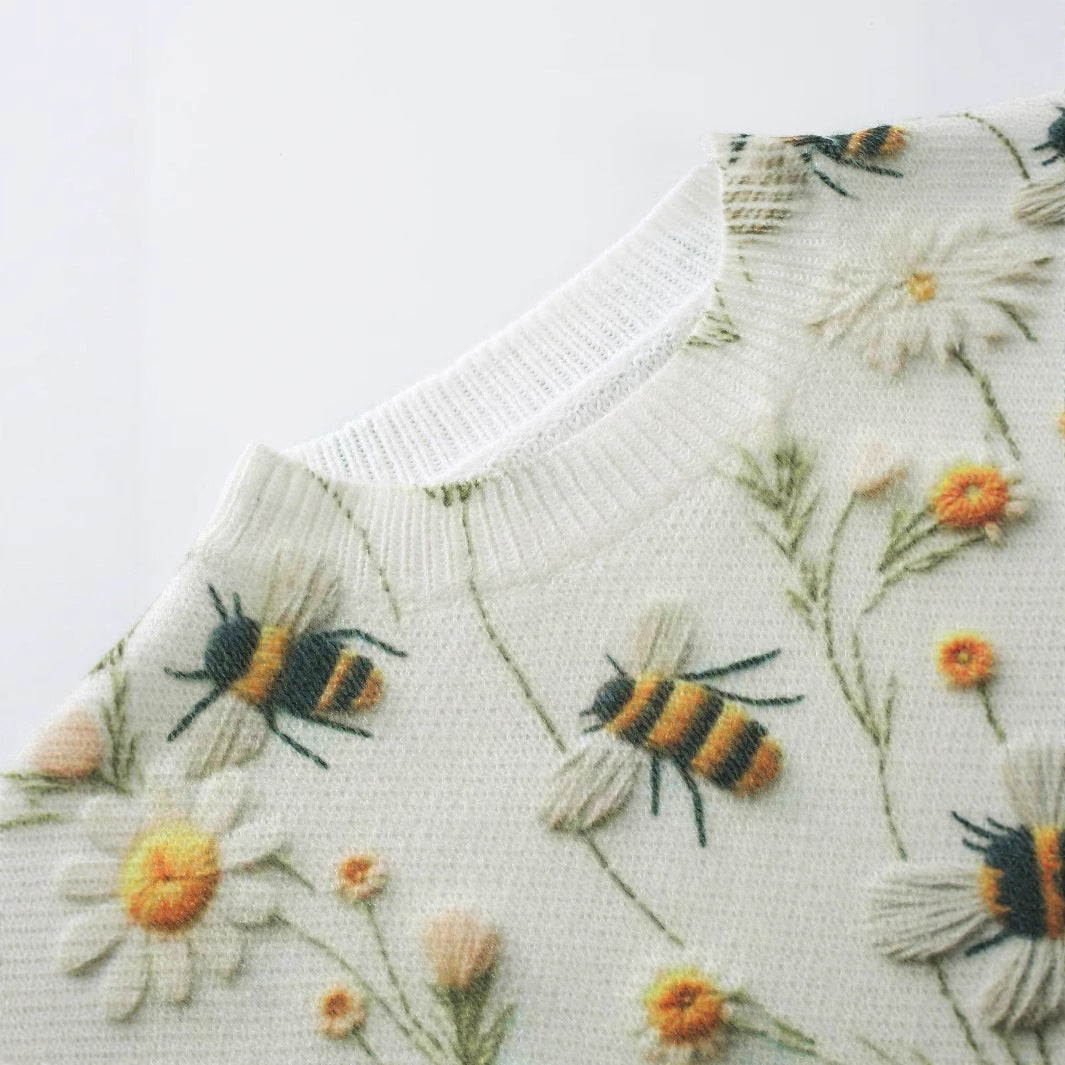 Women's Knitted Sweater Sweater Round Neck Printed Bee Flower Top