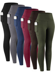 6pcs Women's High-Waisted Leggings - Non-See-Through Pants with Side Pockets, Stretchy All-Season & Casual Pants, Machine Washable Everyday Pants for Women, Leggings for Women, Leggings with Pocket...