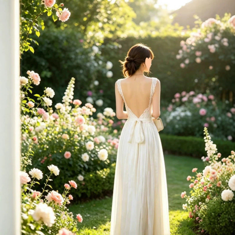 French-style White Lace-strapped Backless Slip Dress