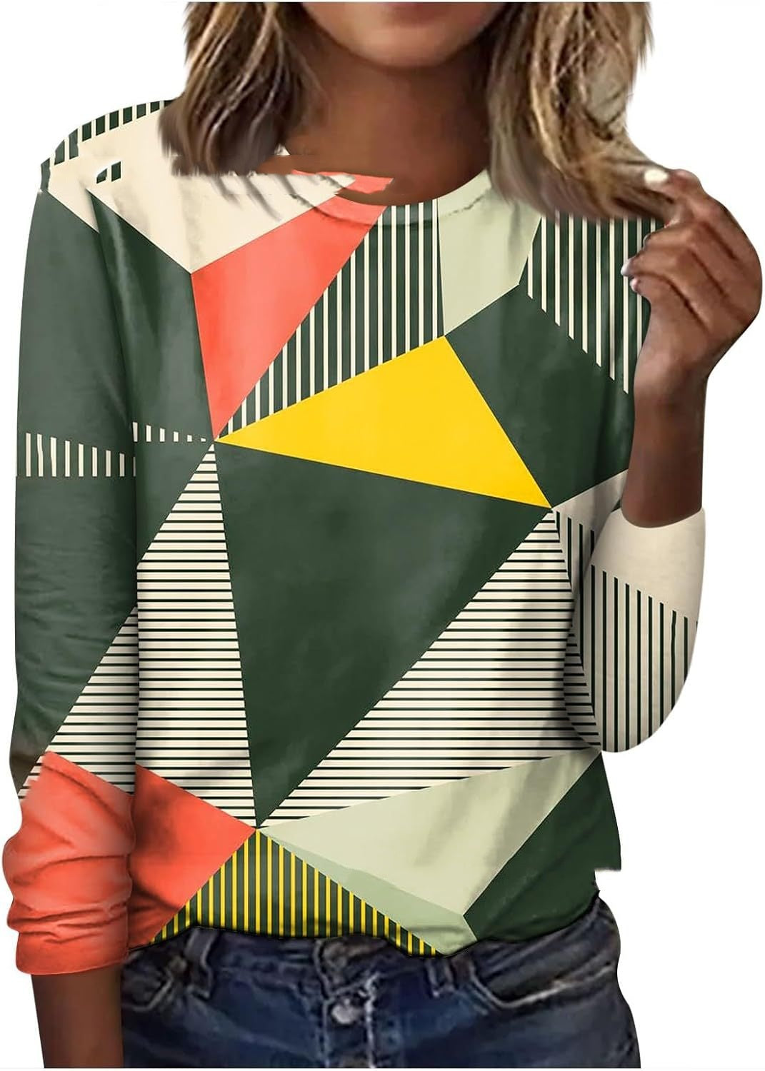 Floral Geometric Print Long Sleeve Round Neck Pullover