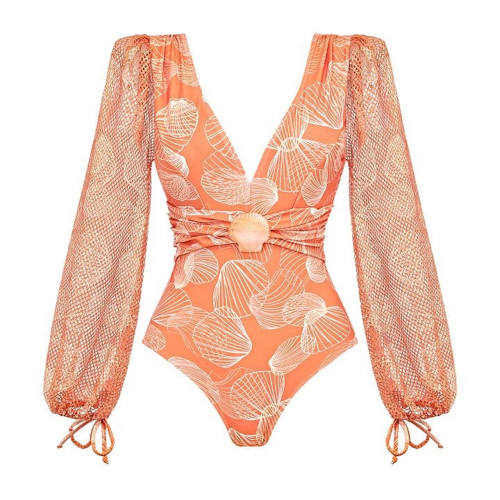 Women's V-Neck Mesh Long-Sleeve One-Piece Swimsuit