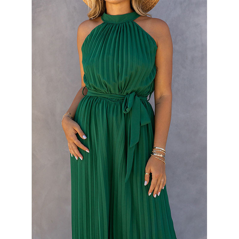 Off-Shoulder Halter Pleated Jumpsuit