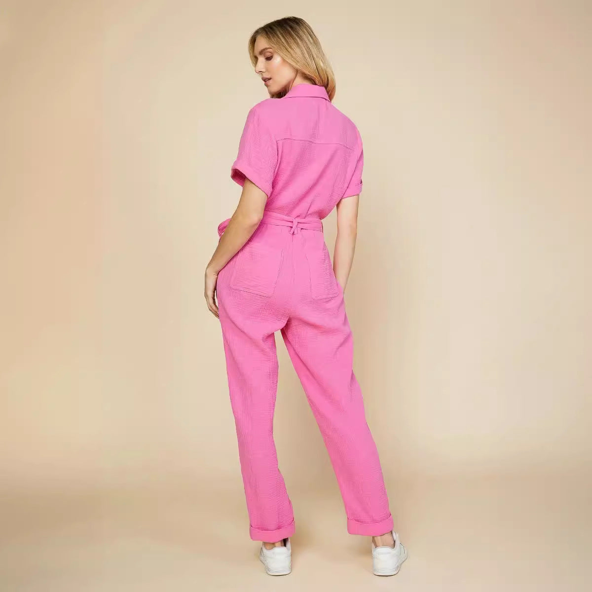 Women's Solid Color Short-Sleeve Straight-Leg Jumpsuit