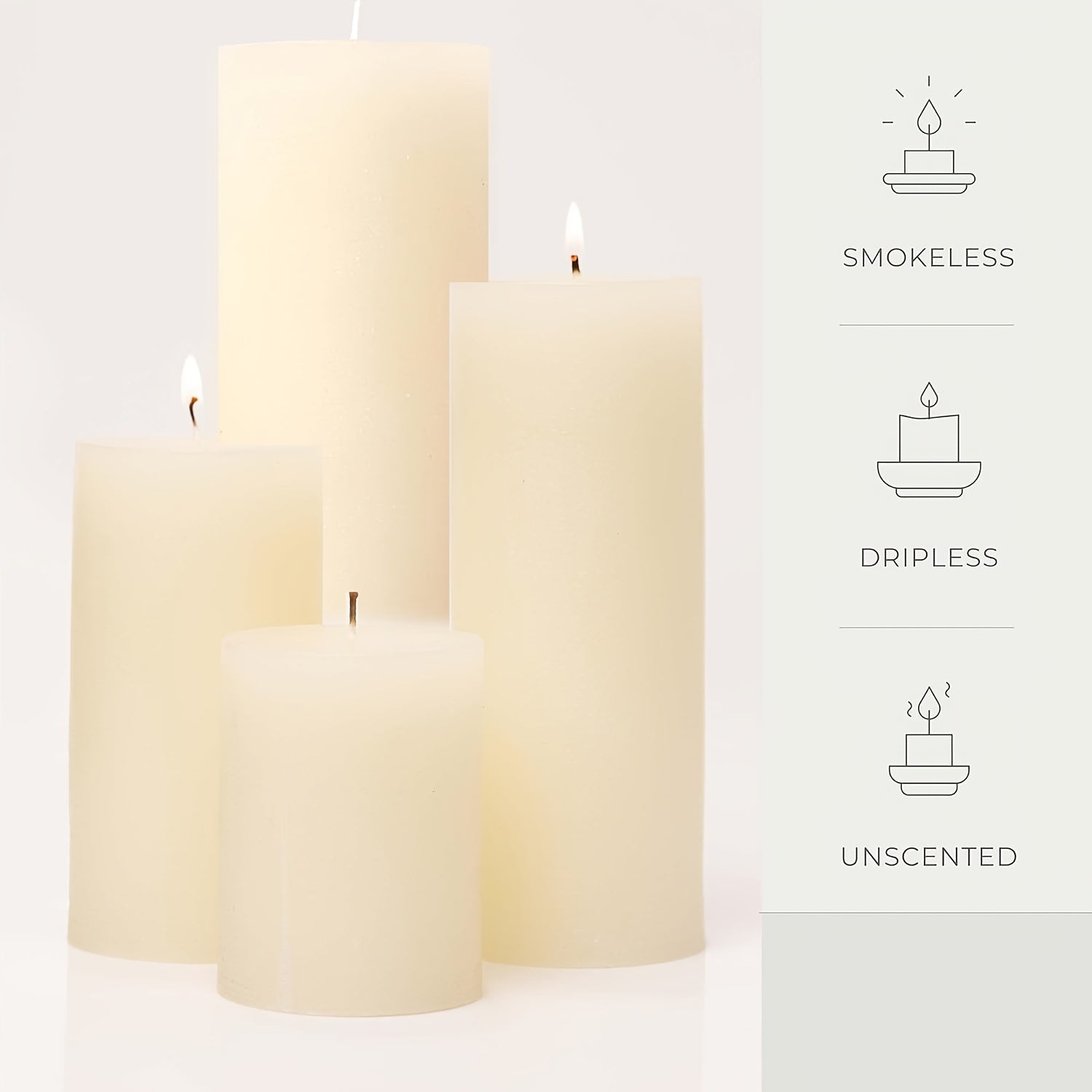 4‑Pack White Soy Pillar Candles – Handmade, Smokeless, 85‑Hour Burn, Sizes 2", 3", 4" & 6"