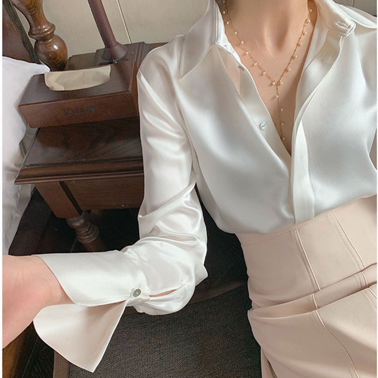 Women's Satin New Design Sense V-neck Silk Acetate White Shirt