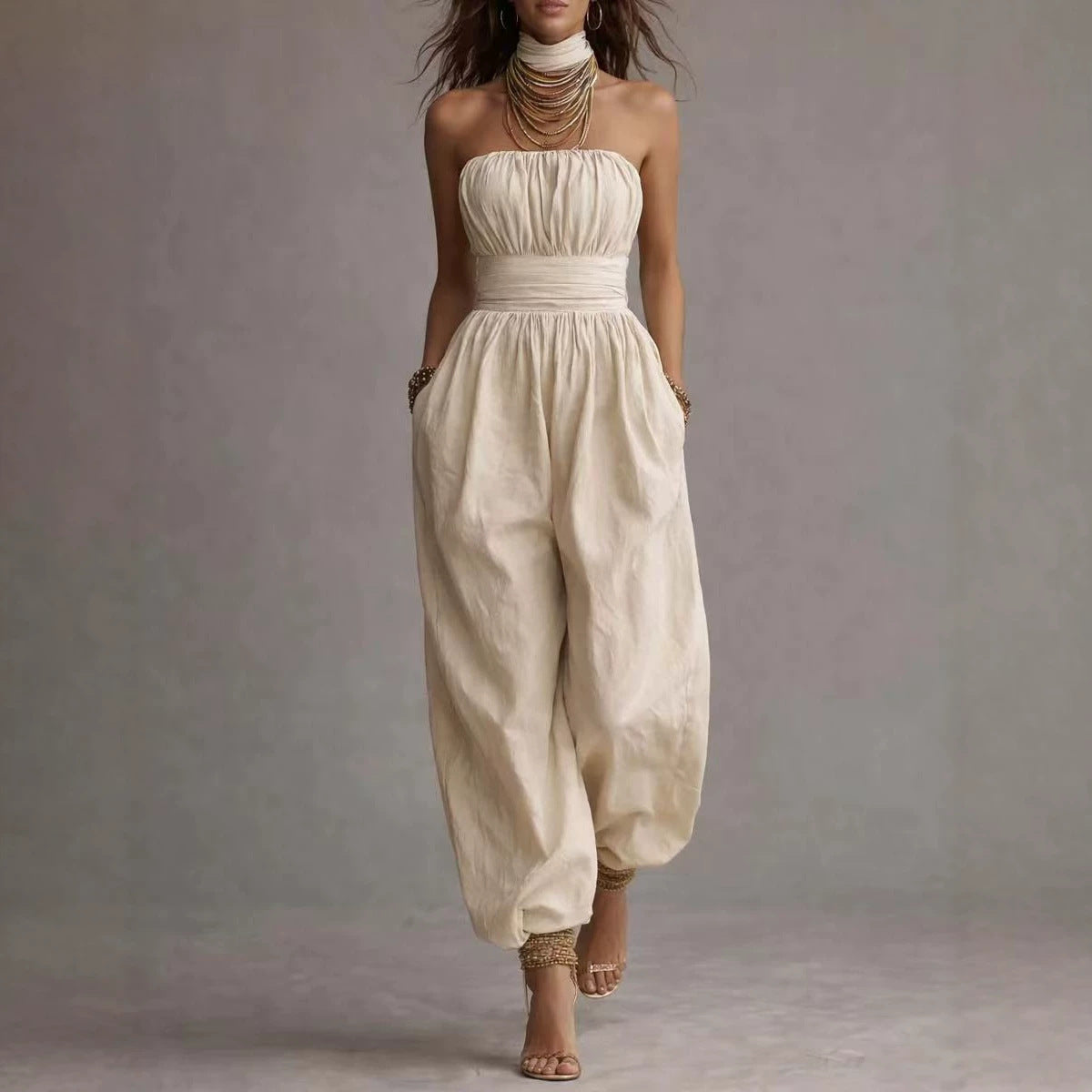 Linen-cotton Strapless Balloon-leg Jumpsuit