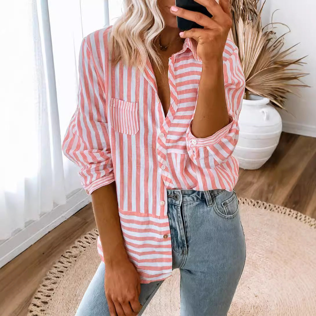Women's Striped Ombre Commuter Loose All-Match Long-Sleeve Shirt Top