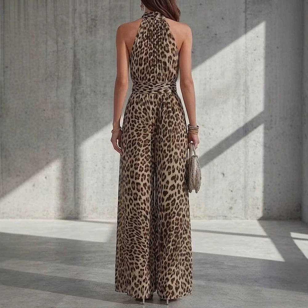 Leopard Print Halter Sleeveless Casual Jumpsuit